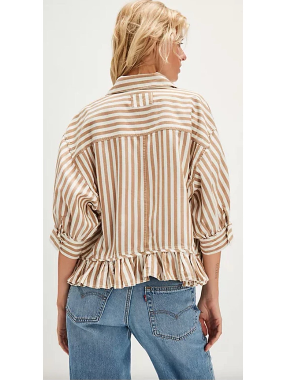 FREE PEOPLE Women’s Size S Striped Bailey Ruffle Hem Button-Up Cropped Shirt - Picture 2 of 16